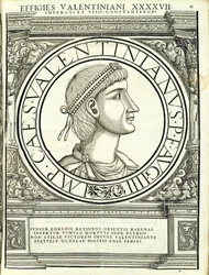 Valentinianus III, illustration from Imperatorum Romanorum Omnium Orientalium et Occidentalium Verissimae Imagines ex Antiquis Numismatis